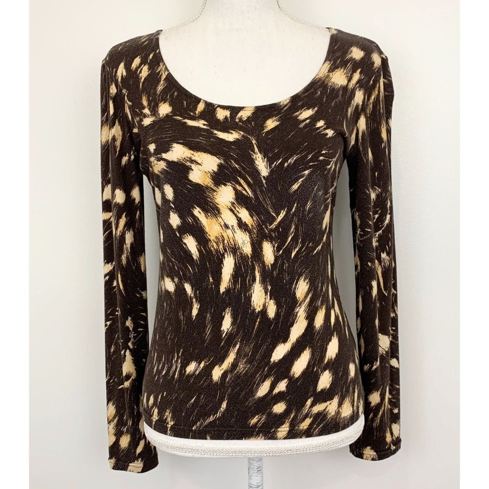 Rocco Barocco Patterned Long Sleeve Scoop Neck Shirt Brown/Tan Size M